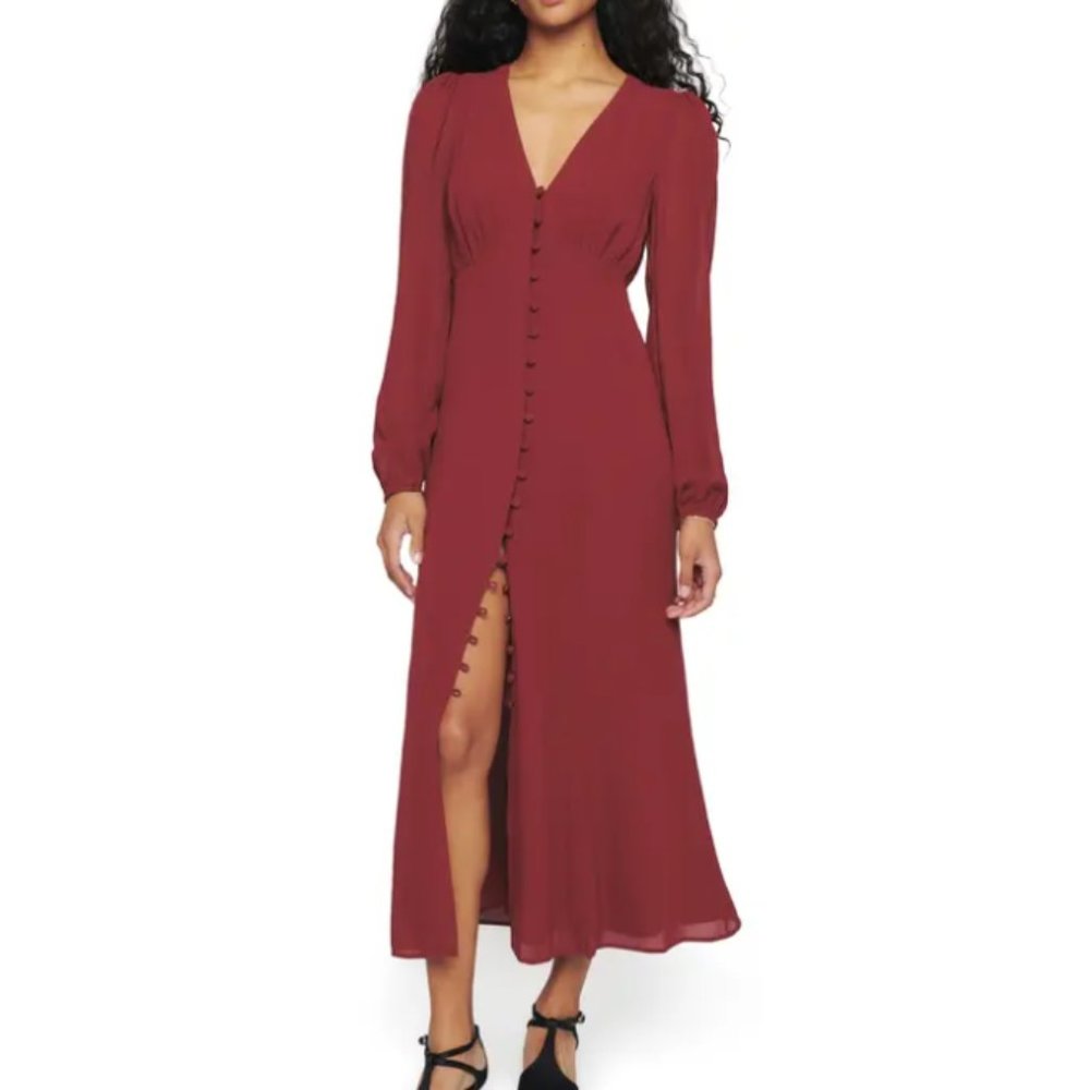 NEW Reformation Brogan Long Sleeve Button Front Midi Dress Chianti Size 12 #X108 - Picture 6 of 12